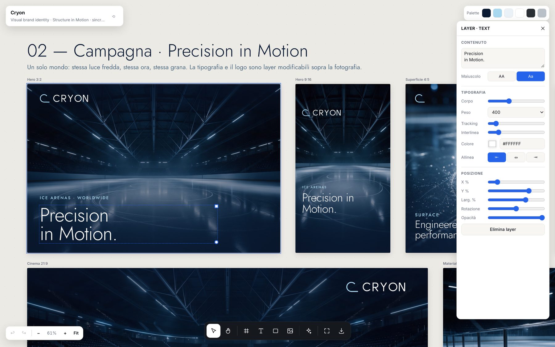 Il layer della headline «Precision in Motion.» selezionato sul frame Hero 3:2, con il pannello di ispezione: contenuto, tipografia, colore, allineamento e posizione.