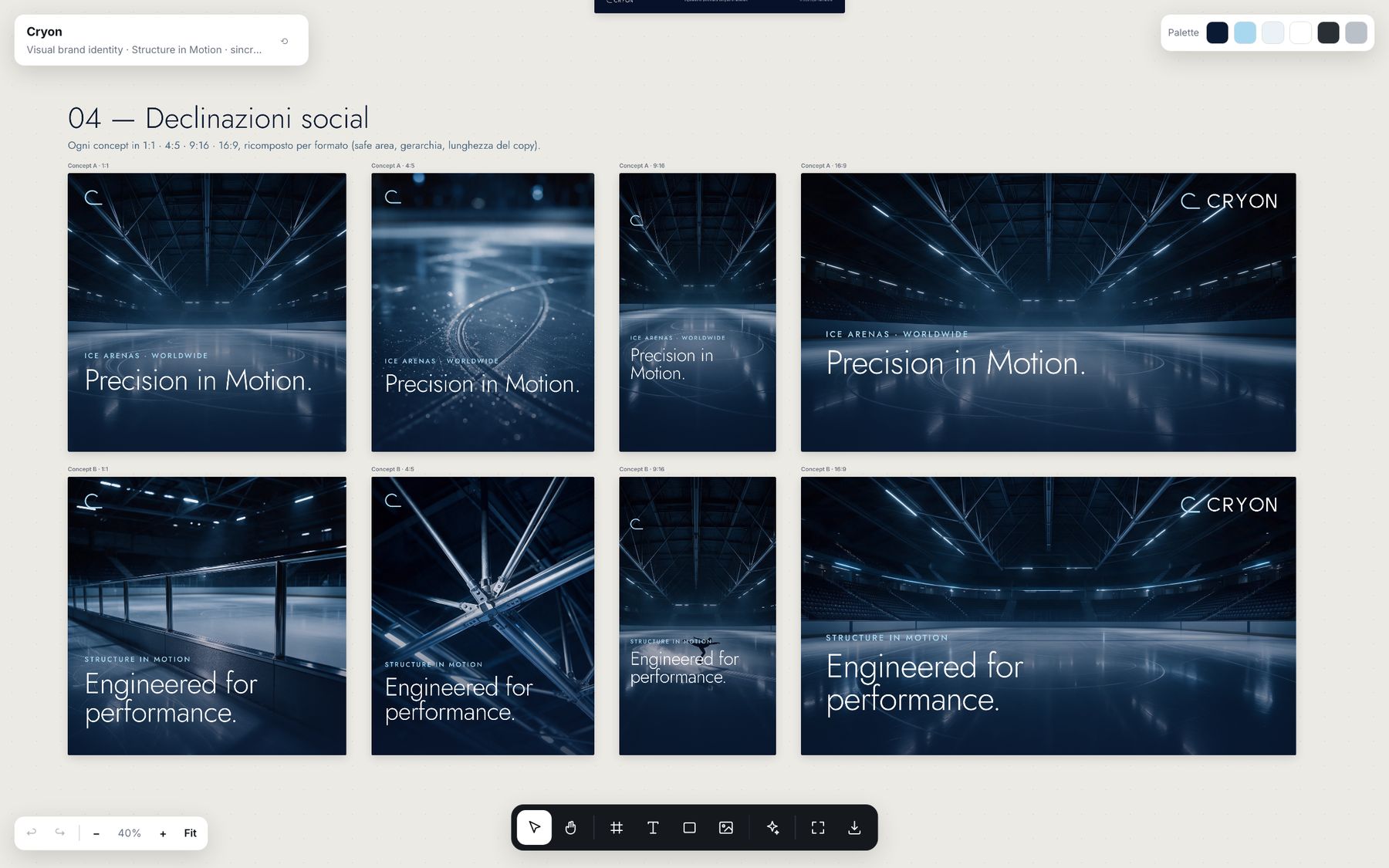 Declinazioni social del brand di prova in due concept, ognuno nei formati quadrato, 4:5, story e banner 16:9.